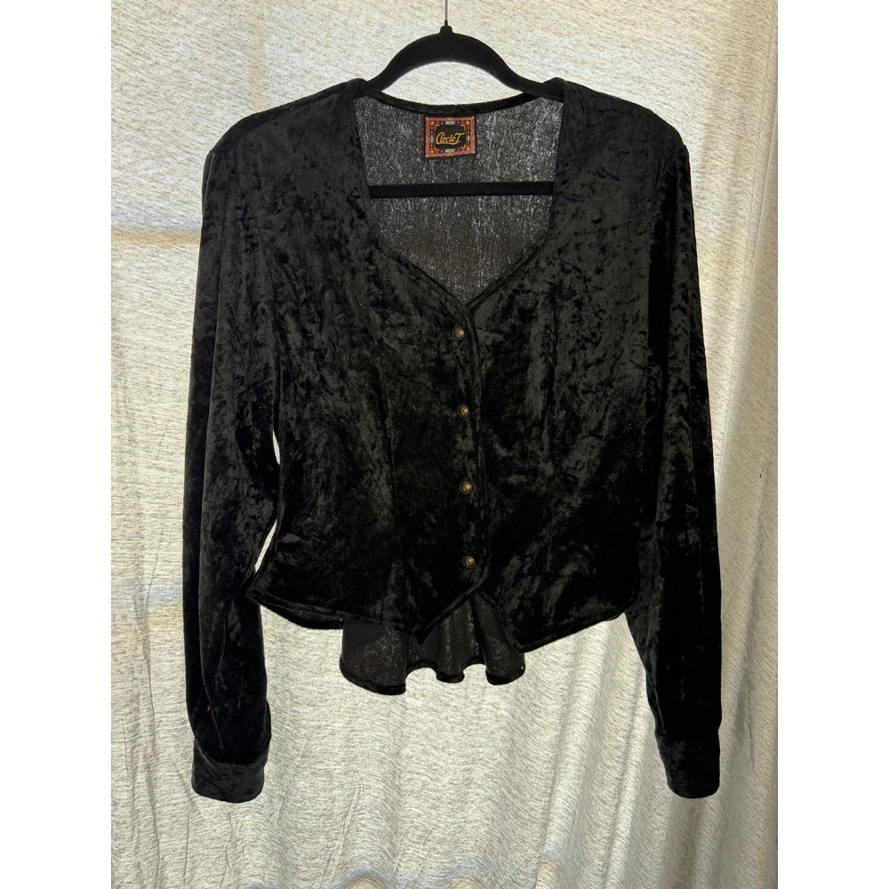 Rough Rider Circle T Black Velvet Button Front Cropped Blouse Long Sleeve
